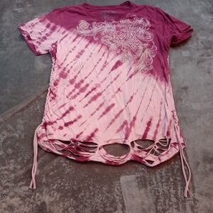 Affliction T Shirt Womens Sz XL Pink Distressed Ruched Tie Dye Graphic Print Y2K